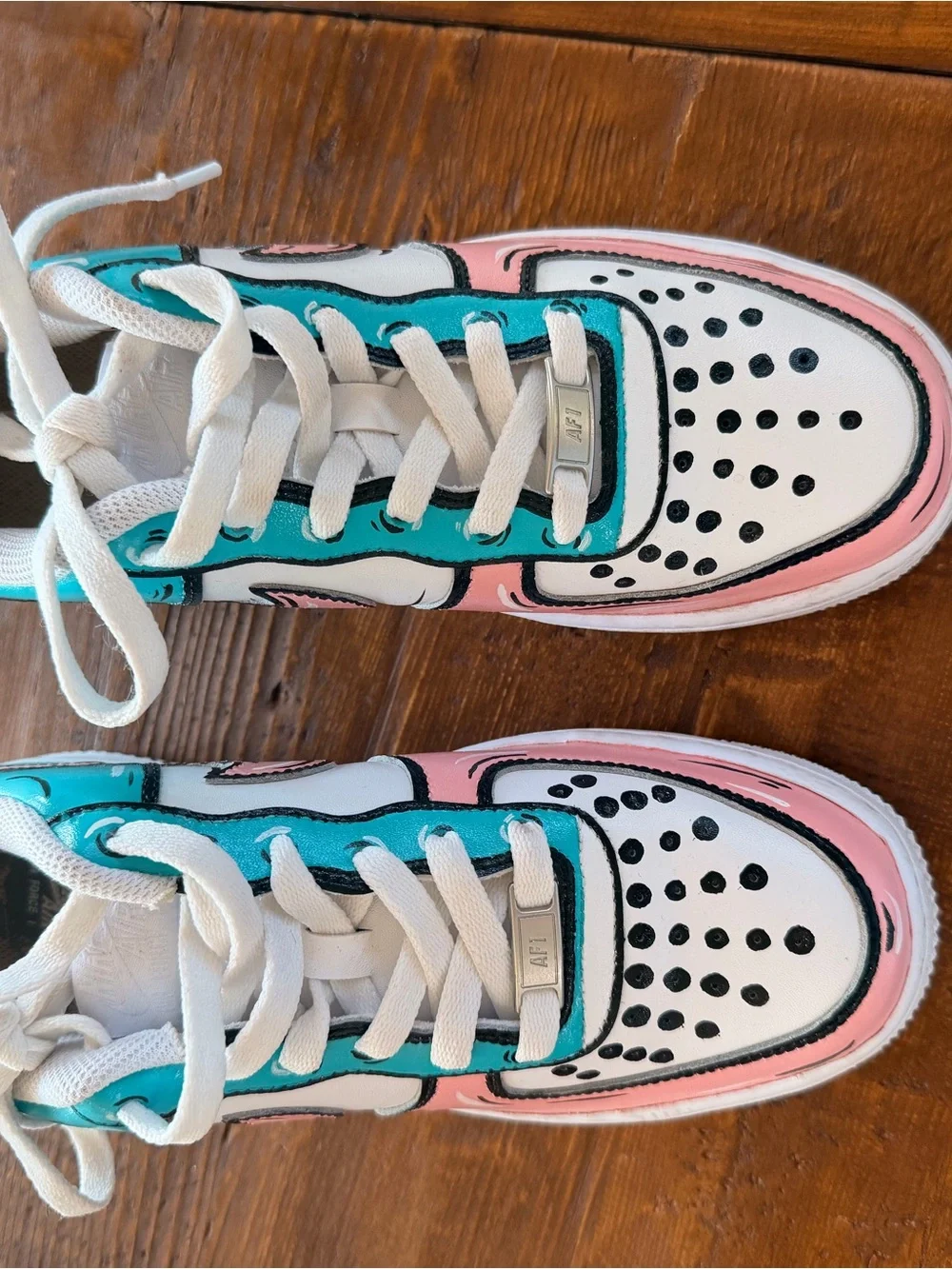Nike Kids Pink & Teal Cartoon-Style Air Force 1 Sneakers